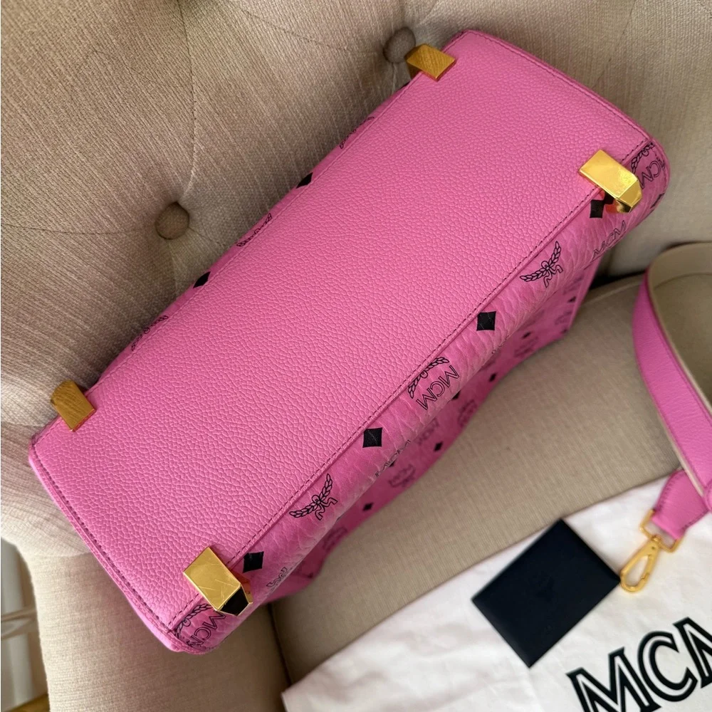 MCM Pink Visetos Structured Top Handle Satchel Like New - Picture 7 of 14